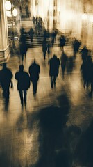 Surreal blurred vision of a crowded subway station corridor, where fast-moving commuters create ghostly silhouettes under artificial lighting, capturing the essence of urban transportation 