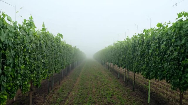 Aerial dolly zoom video of rows of hops vines climbing trellises towards the horizon where the air is filled with a gentle, misty light, establishing scene