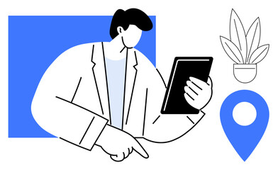 Business professional using a tablet, pointing with hand. Includes a location pin and potted plant. Ideal for business planning, navigation, technology, efficiency, remote work, consulting