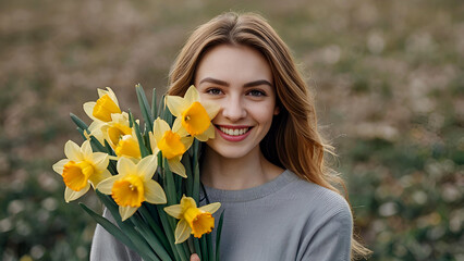 Naklejka premium The banner. A girl holds a beautiful bouquet of daffodils in her hands. Greeting card for March 8 and International Women's Day. The concept of congratulations and celebrations.