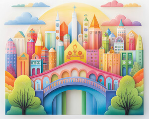 Fototapeta premium Melting pot cityscape. Colorful cityscape with whimsical buildings and vibrant bridge
