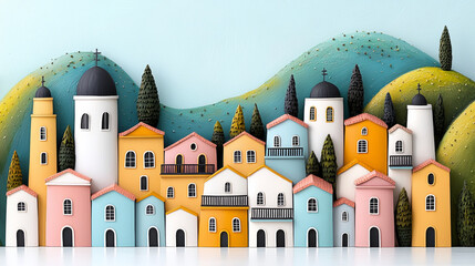 Melting pot cityscape. Colorful village with pastel houses and green hills in background