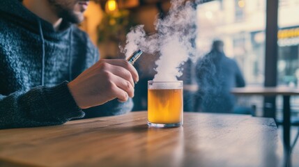 A man enjoying a break at a café with a vaping device on the table. Featuring modern habits and relaxation