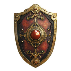 detailed fantasy ancient shield with ornate designs and central gem, isolated on transparency background