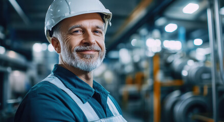 A middle-aged worker wears a hard hat and blue overalls, smiling proudly in a bustling industrial environment filled with machinery