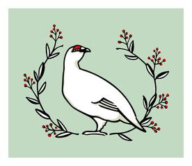 Vector card with hand drawn rock ptarmigan in floral red berries wreath. Ink drawing, decorative graphic style. Beautiful northern wild nature design elements