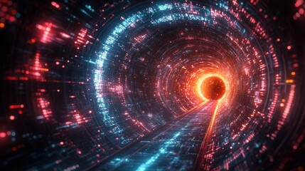 Obraz premium Data tunnel. Digital stream. Light speed. Blue and red. Abstract technology. Future world. Glowing light. Fast speed. Digital art. Science fiction.