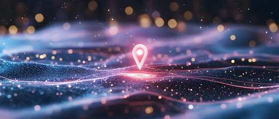 holographic wayfinder pin marking hidden digital path in glowing landscape. scene is filled with sparkling lights and mystical atmosphere, evoking sense of exploration and discovery