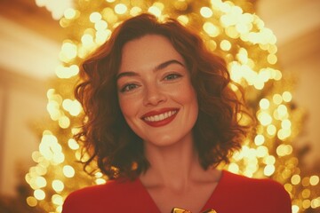 Cheerful woman smiles brightly against backdrop of sparkling hol