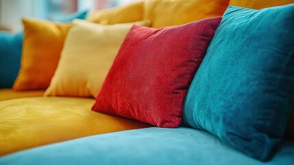 Colorful velvet pillows on sofa, bright room, home decor