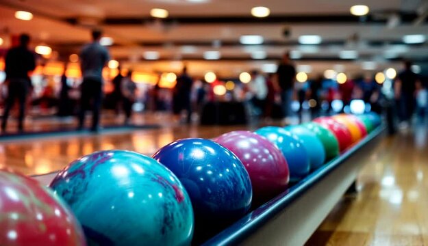 Four vibrant bowling balls sit ready on a sleek return system in a lively, modern bowling alley.

