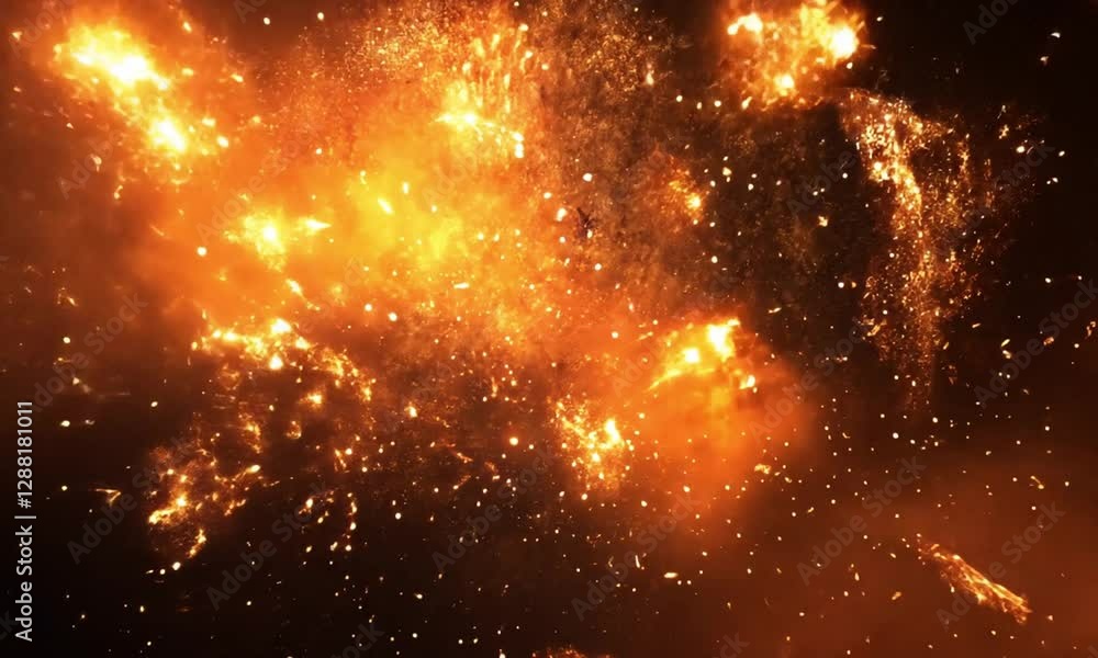Sticker fireworks exploding in the cosmic sky with bright orange bursts illuminating the background as they 