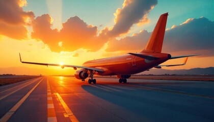 Fototapeta premium Aircraft prepares for takeoff at sunset with vibrant colors and sky
