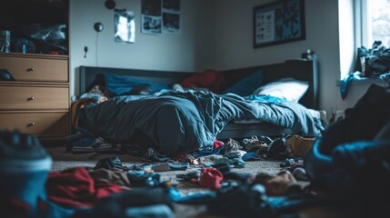 Messy bedroom with clothes scattered on the floor