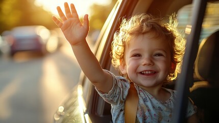 Cheerful Child Waving Goodbye in Sunlit Car Journey 