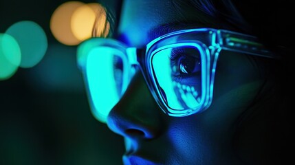 Close-up of a child wearing illuminated glasses at night