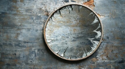 A broken mirror reflects on a weathered grunge textured wall