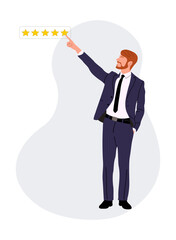 Business man leave five star rating and service satisfaction feedback. Young man in formal suit give a review rating and feedback. Vector realistic Illustration isolated 