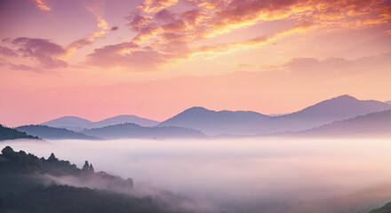 A tranquility view of the mountainous area in the haze. Carpathian National Park, Ukraine, Europe.