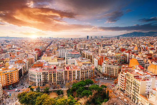 Incredible cityscape with residential buildings from the top of Sagrada Familia. Barcelona city, Catalonia, Spain, Europe. - Powered by Adobe