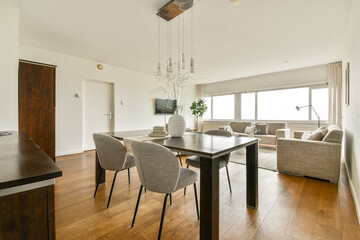 Spacious modern living room with dining area
