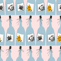 Wine. Bottles. Drinks. Vector seamless pattern, print, background, design