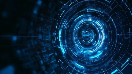 Fototapeta premium Futuristic technology background with glowing circular holograms and circuit board elements. High-tech digital abstract wallpaper for video wall design, banner, or presentation.