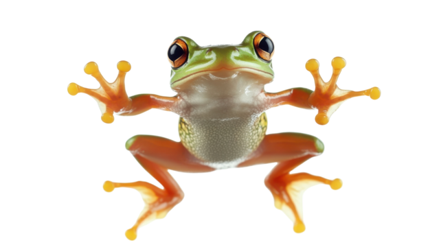 Vibrant green tree frog showcasing bright colors and unique features against a plain background