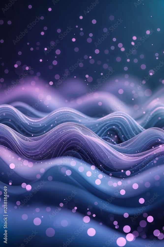Poster colorful flowing waves with vibrant particles creating a mesmerizing abstract landscape in a dark se