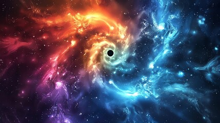 A black hole in space, surrounded by swirling clouds of orange, blue, and purple gas.