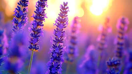 Obraz premium Lavender field at sunset. Beautiful purple flowers. Peaceful scene. Ideal for nature photography