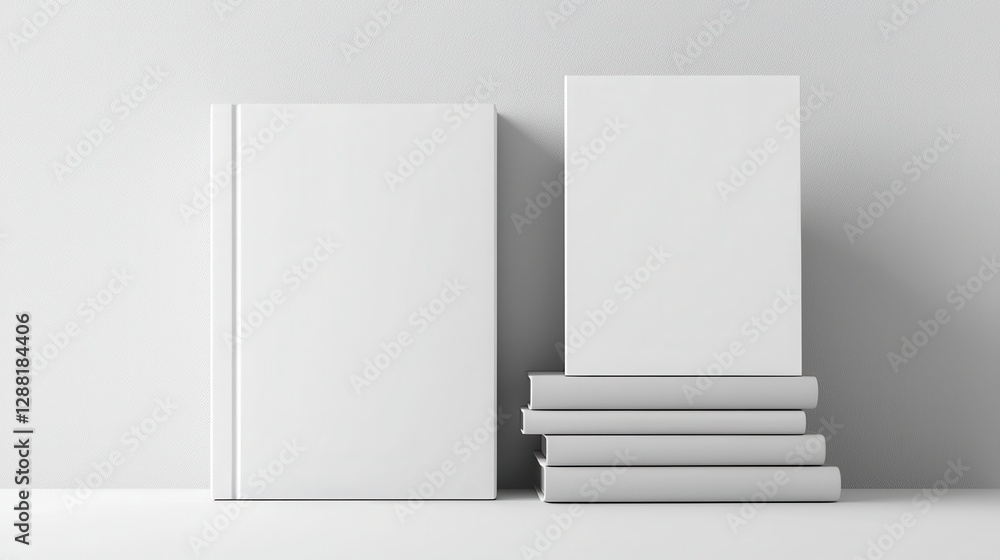 Poster minimalist composition of blank books and stack on a plain background, ideal for mockups and design 