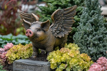 Fototapeta premium A Whimsical Bronze Pig Sculpture with Wings Amidst Colorful Garden Flowers in a Lush Outdoor Setting