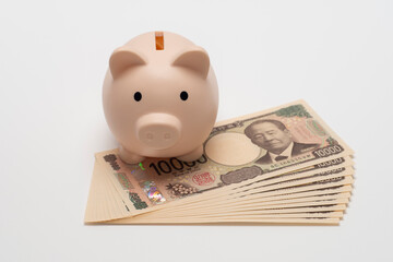 新紙幣の一万円札と豚の貯金箱