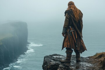 Fototapeta premium Warrior stands on cliff edge overlooking foggy ocean landscape at dawn in a mystical coastal setting