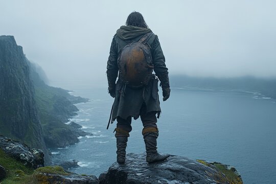 Person stands on rocky cliff overlooking misty ocean and rugged landscape in early morning light - Powered by Adobe