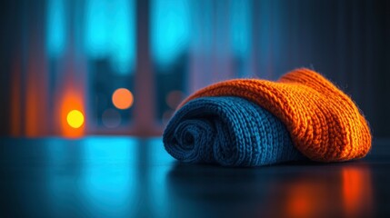 Cozy sweaters rolled, night window, bokeh