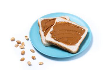 Bread toast with peanut butter cream isolated on white background.