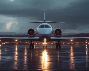 Private jet on the runway with glowing AR flight data, sleek modern airport setting, soft ambient lighting, photorealistic