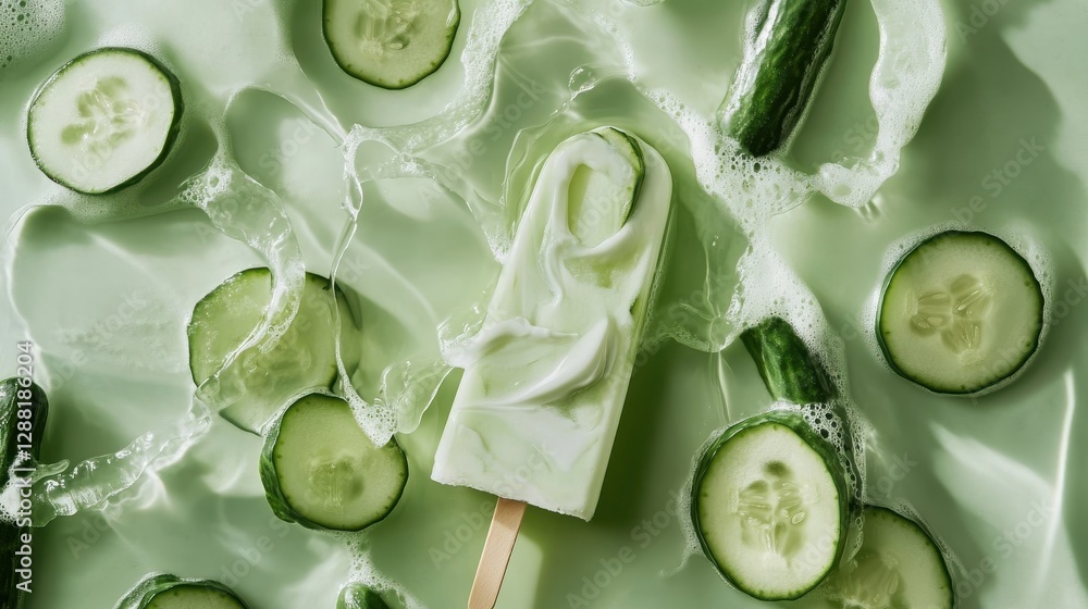 Poster refreshing cucumber popsicle surrounded by cucumber slices in liquid