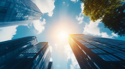 Bright sunlight illuminating tall skyscrapers against a clear blue sky in an urban setting
