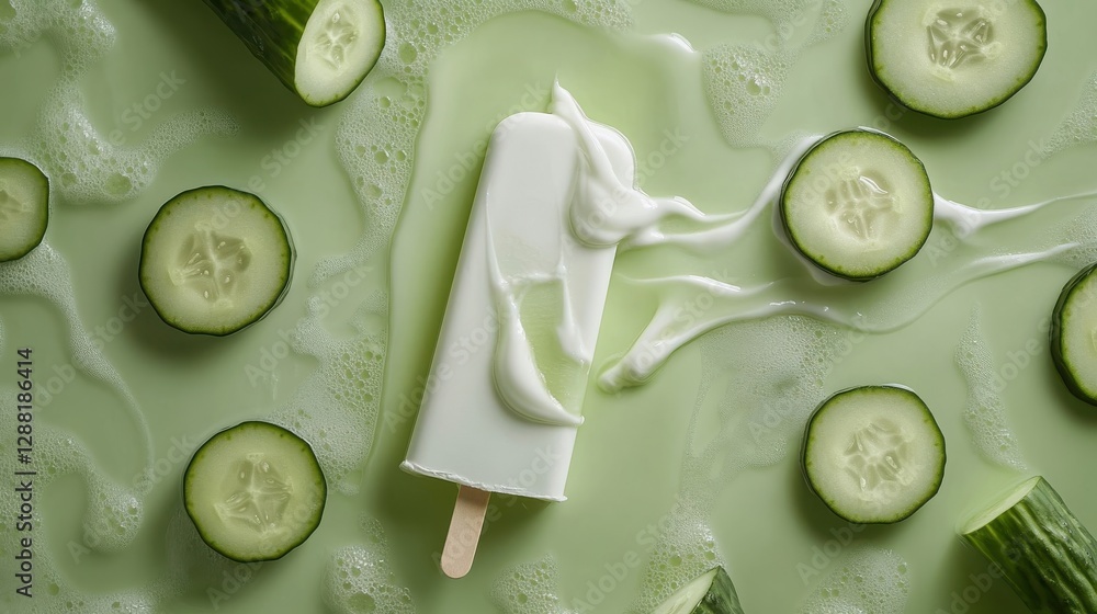 Aufkleber a delicious green popsicle with cucumber and cucumber slices on display
