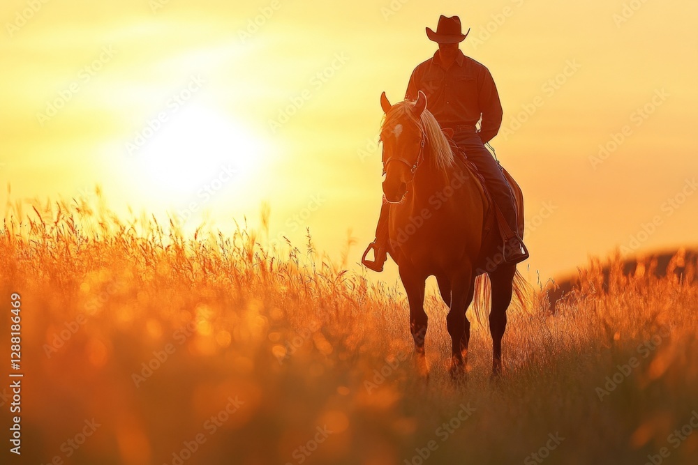 Poster rider on horseback during golden hour in open field with sunset in the background