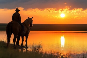 Silhouette of a rider on horseback watching a sunset over a tranquil lake in a quiet rural landscape