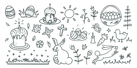 Easter doodles and scribbles, cute drawings of the holiday symbols, rabbits and cakes, decorated eggs, plants and flowers. Vector illustration, line art.