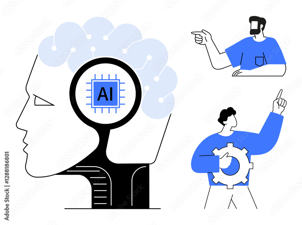 Aufkleber human brain interface with ai chip inside, two individuals interacting and discussing concepts. idea