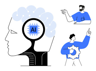 Human brain interface with AI chip inside, two individuals interacting and discussing concepts. Ideal for technology, AI development, human and machine interaction, innovation, science