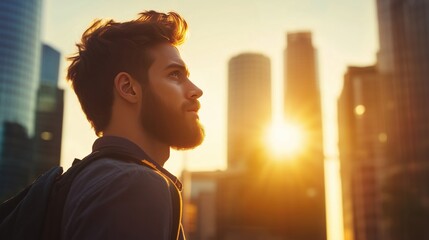 Man enjoys sunset view in a modern city landscape