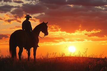 Fototapeta premium Cowboy riding horse at sunset in an open field with vibrant sky colors