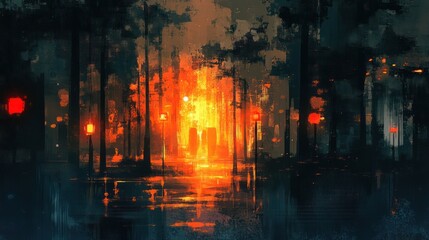 Enigmatic Forest Path: A Nighttime Journey Through Illuminated Trees